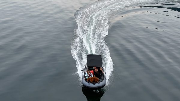 inflatable boat with bimini sunshade exploring the waters of British Columbia Canada