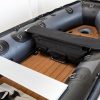 view inside of dark grey inflatable boat with high pressure airmat floor covered in Tan EVA foam.