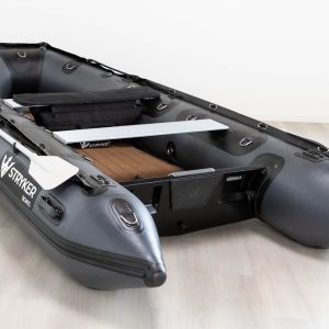 view inside of dark grey inflatable boat with high pressure airmat floor covered in Tan EVA foam.