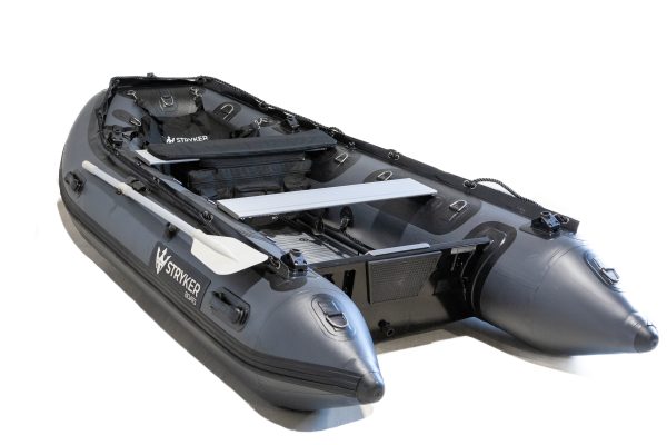 grey inflatable boat in showroom with new Stryker Logo 2024