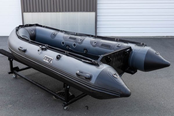 storm grey rigid hull rib inflatable boat with 20" aluminum transom outside Stryker Boats head office