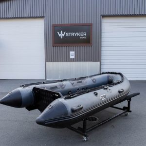 storm grey rigid hull rib inflatable boat with 20" aluminum transom outside Stryker Boats head office