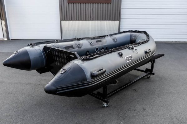 storm grey rigid hull rib inflatable boat with 20" aluminum transom outside Stryker Boats head office