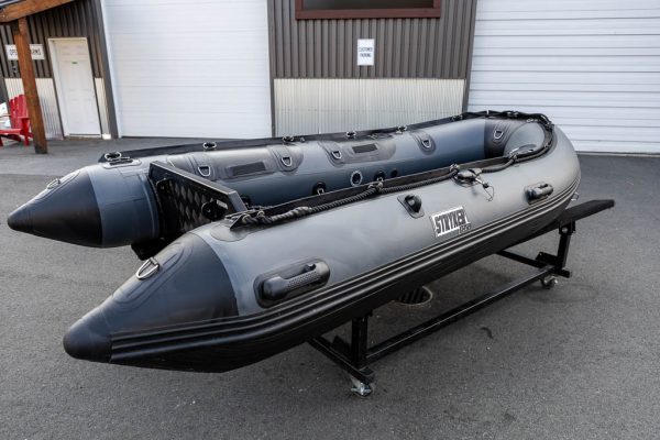 storm grey rigid hull rib inflatable boat with 20" aluminum transom outside Stryker Boats head office