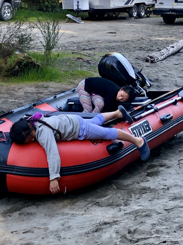 fun in a red inflatable dinghy boat