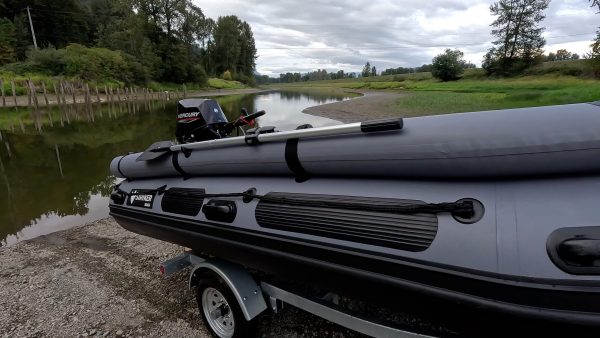 grey inflatable jet boat on the rivers of British Columbia Canada