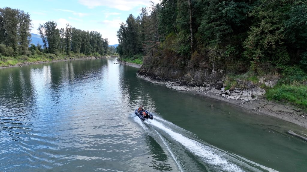 grey inflatable jet boat on the rivers of British Columbia Canada