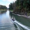 grey inflatable jet boat on the rivers of British Columbia Canada