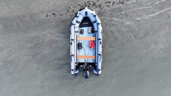 grey inflatable jet boat on the rivers of British Columbia Canada