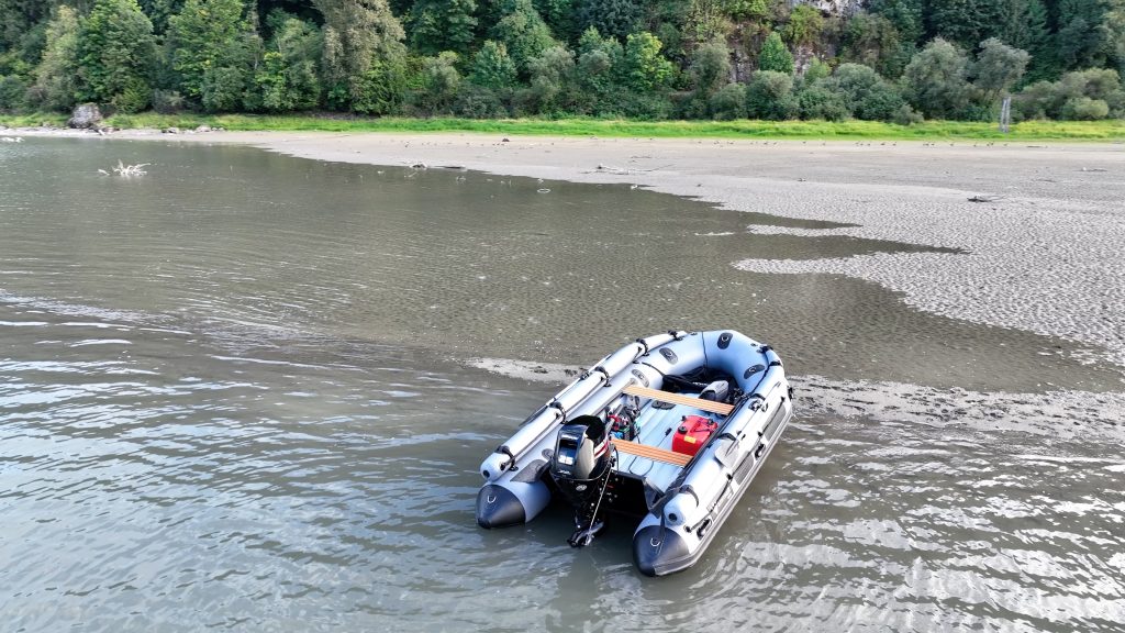 grey inflatable jet boat on the rivers of British Columbia Canada