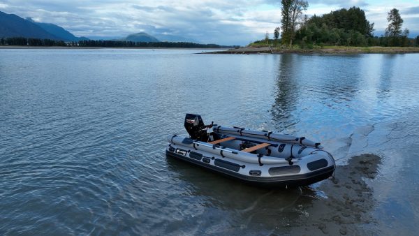 grey inflatable jet boat on the rivers of British Columbia Canada