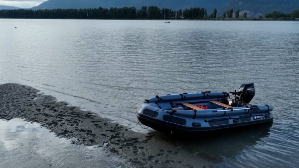 grey inflatable jet boat on the rivers of British Columbia Canada