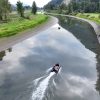 grey inflatable jet boat on the rivers of British Columbia Canada