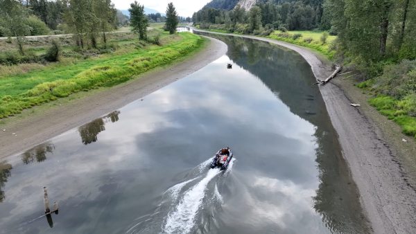 grey inflatable jet boat on the rivers of British Columbia Canada