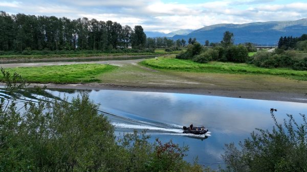 grey inflatable jet boat on the rivers of British Columbia Canada