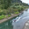 grey inflatable jet boat on the rivers of British Columbia Canada