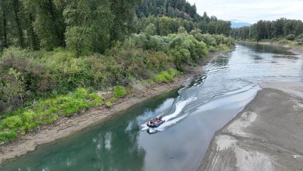 grey inflatable jet boat on the rivers of British Columbia Canada