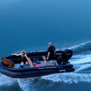 black inflatable jet boat with mercury outboard from beautiful British Columbia