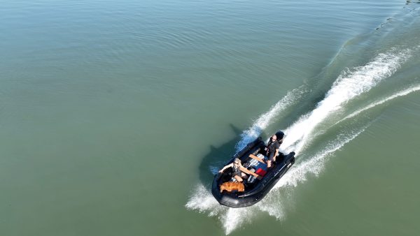 black inflatable jet boat with mercury outboard from beautiful British Columbia