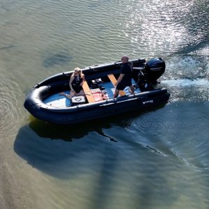 black inflatable jet boat with mercury outboard from beautiful British Columbia